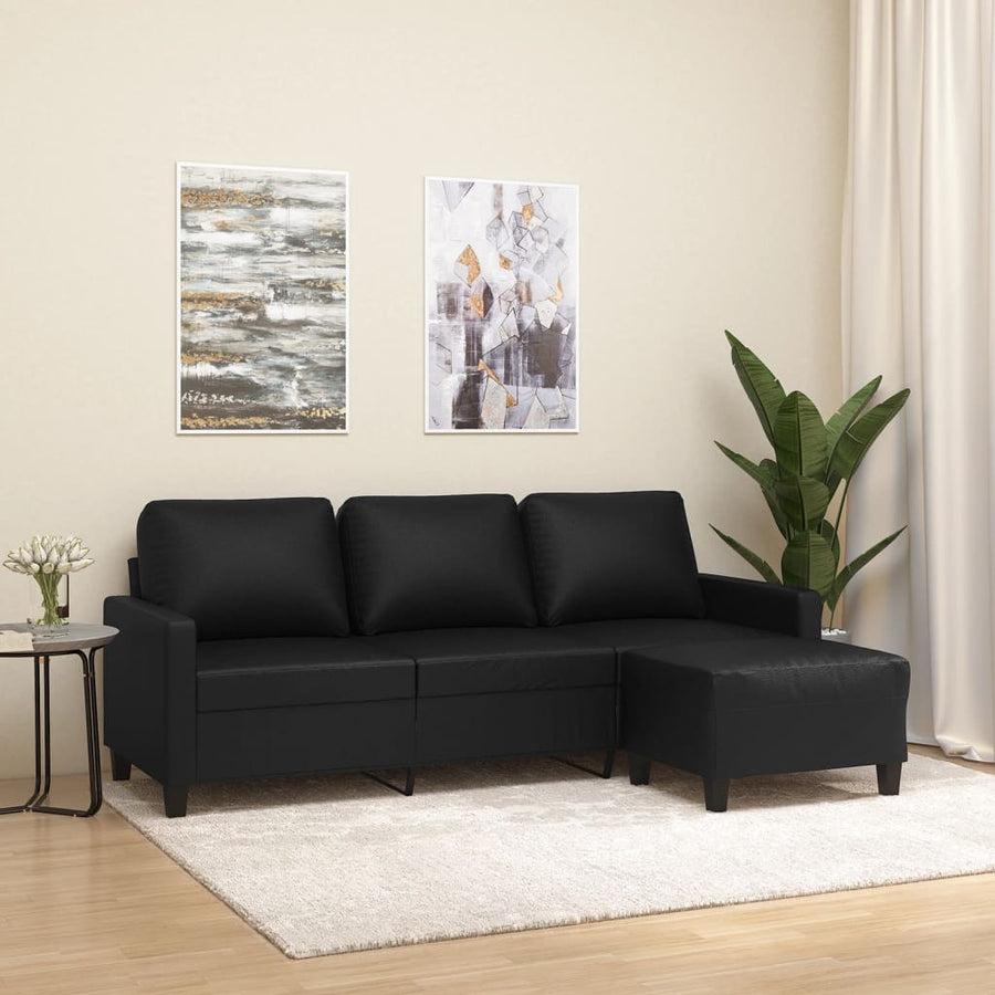 3-Seater Sofa with Footstool Black 180 cm Faux Leather
