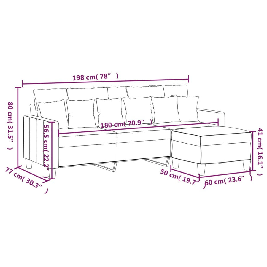 3-Seater Sofa with Footstool Light Grey 180 cm Fabric