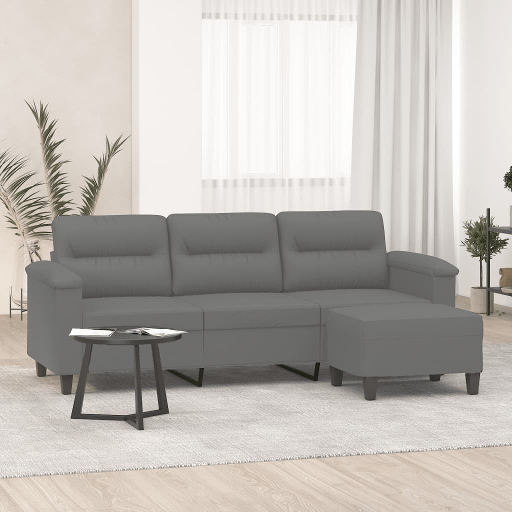 3-Seater Sofa with Footstool Dark Grey 180 cm Microfibre Fabric