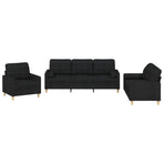 3 Piece Sofa Set with Pillows Black Fabric