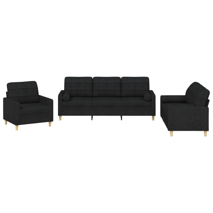 3 Piece Sofa Set with Pillows Black Fabric