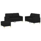 3 Piece Sofa Set with Pillows Black Fabric - Front View