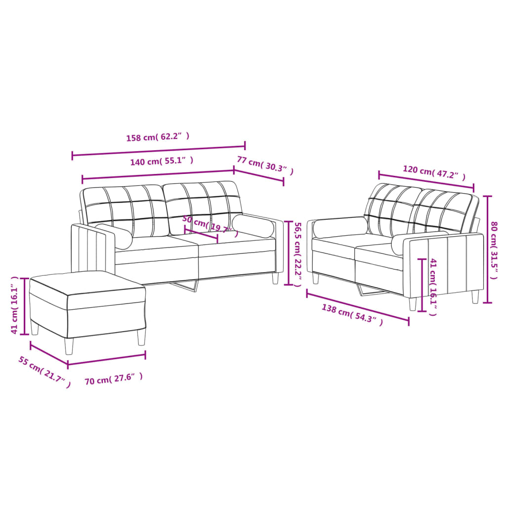 3 Piece Sofa Set with Pillows Black Fabric