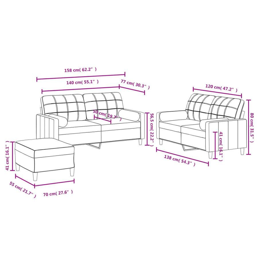 3 Piece Sofa Set with Pillows Black Fabric