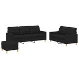 3 Piece Sofa Set with Cushions Black Fabric - Front View