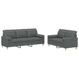 2 Piece Sofa Set with Pillows Dark Grey Fabric - Front View