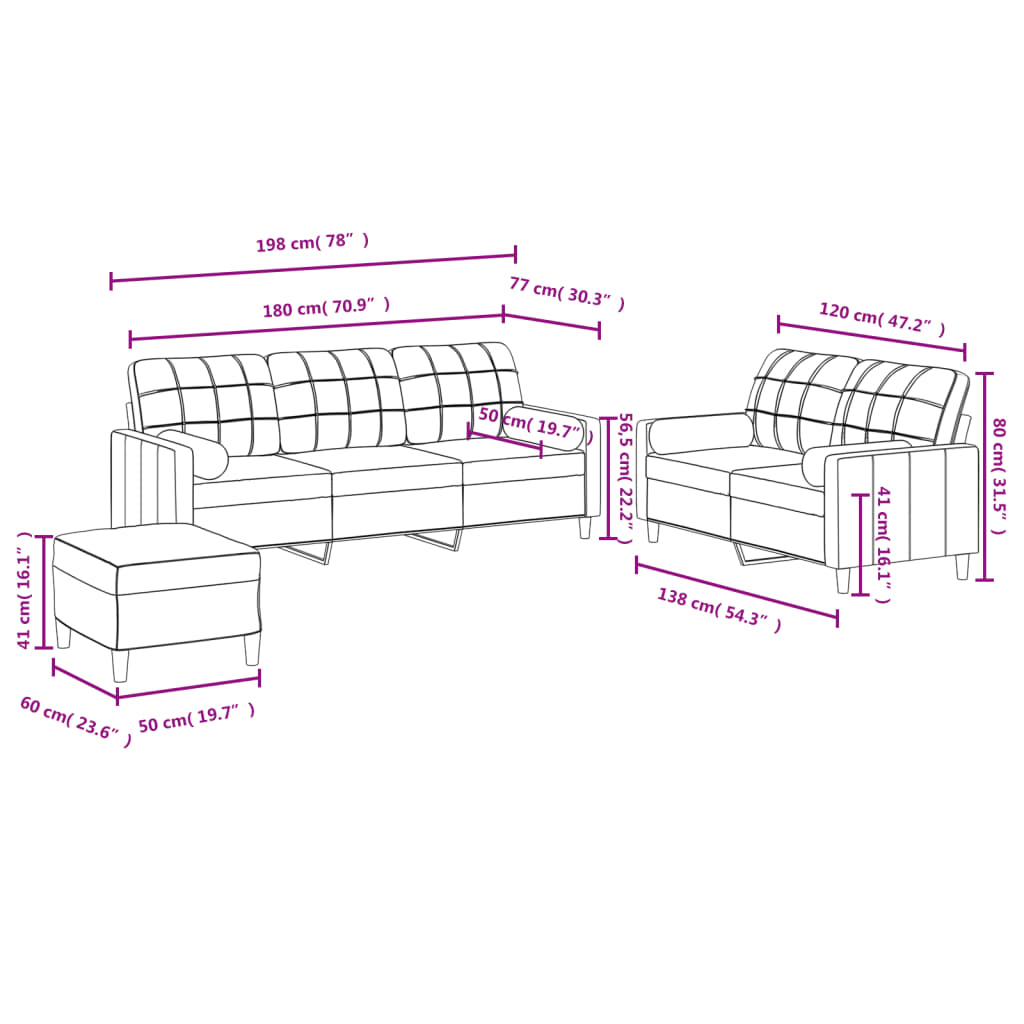 3 Piece Sofa Set with Pillows Light Grey Fabric