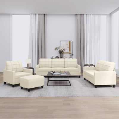 4 Piece Sofa Set with Cushions, Cream Faux Leather, Sofa Chair, 2-Seater, 3-Seater and Footstool