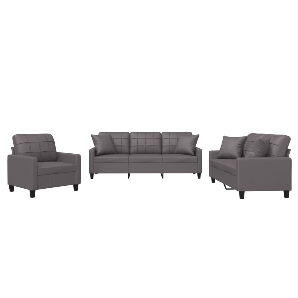 3 Piece Sofa Set with Pillows Grey Faux Leather