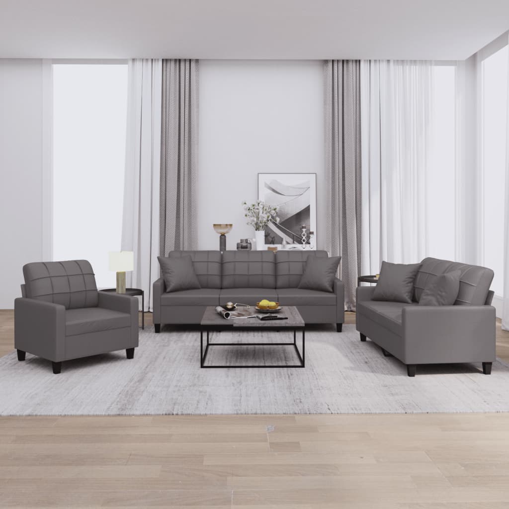 3 Piece Sofa Set with Pillows Grey Faux Leather