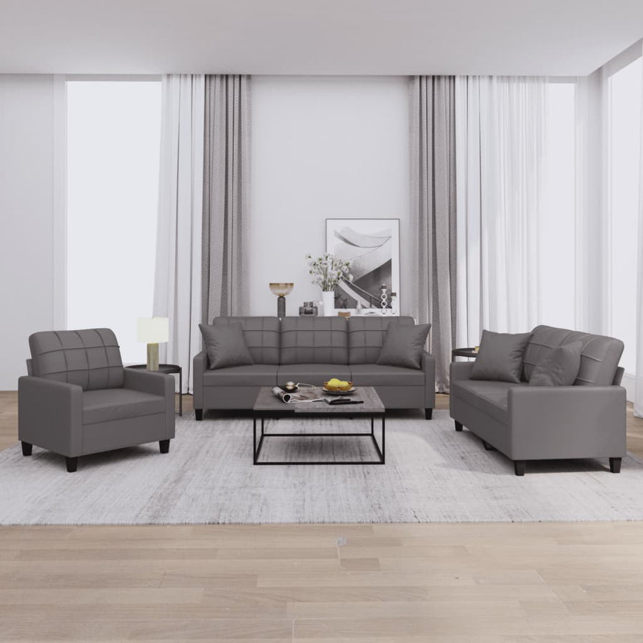 3 Piece Sofa Set with Pillows Grey Faux Leather