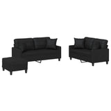 3 Piece Sofa Set with Pillows Black Faux Leather - Front View