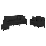 3 Piece Sofa Set with Pillows Black Faux Leather - Front View