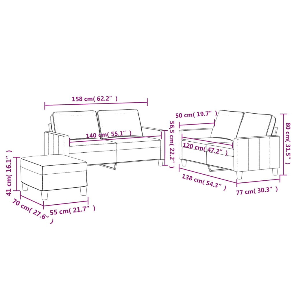 3 Piece Sofa Set with Cushions Light Grey Velvet