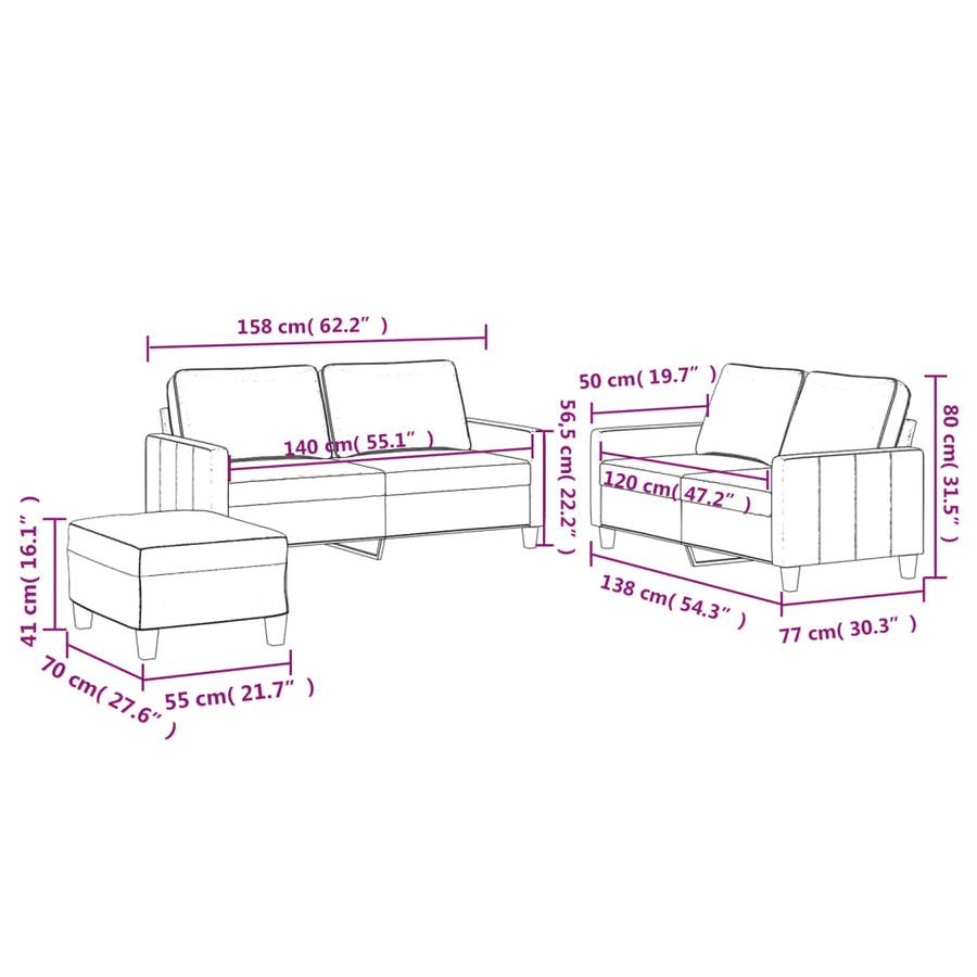 3 Piece Sofa Set with Cushions Light Grey Velvet