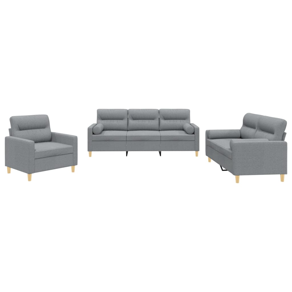 3 Piece Sofa Set with Pillows Light Grey Fabric