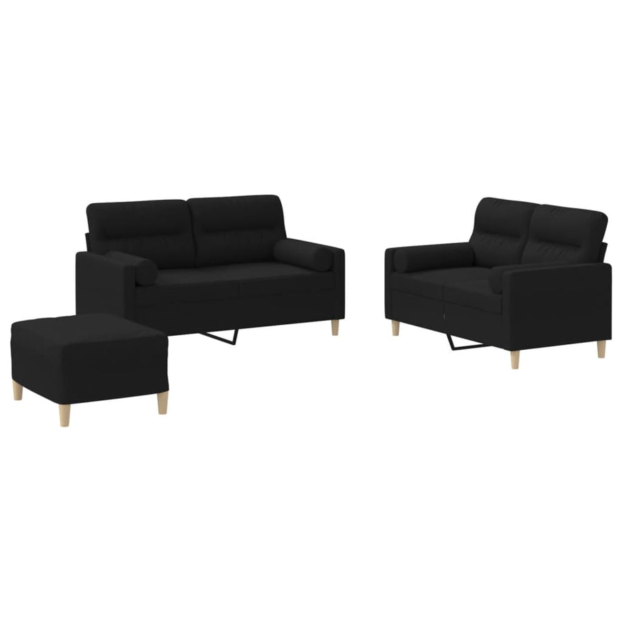 3 Piece Sofa Set with Pillows Black Fabric