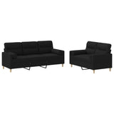 2 Piece Sofa Set with Pillows Black Fabric - Front View