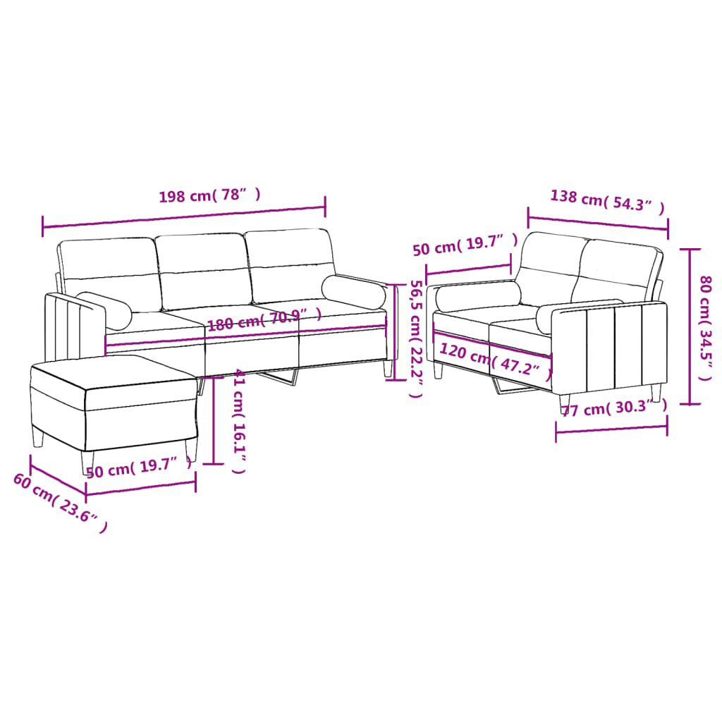 3 Piece Sofa Set with Pillows Light Grey Fabric