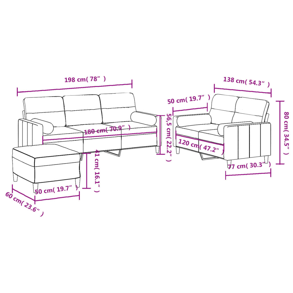 3 Piece Sofa Set with Pillows Black Fabric