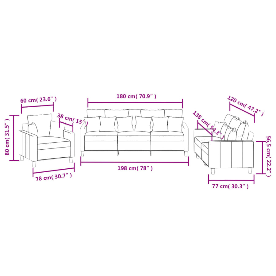 3 Piece Sofa Set with Pillows Black Fabric
