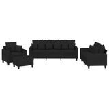 4 Piece Sofa Set with Pillows Black Fabric - Front View