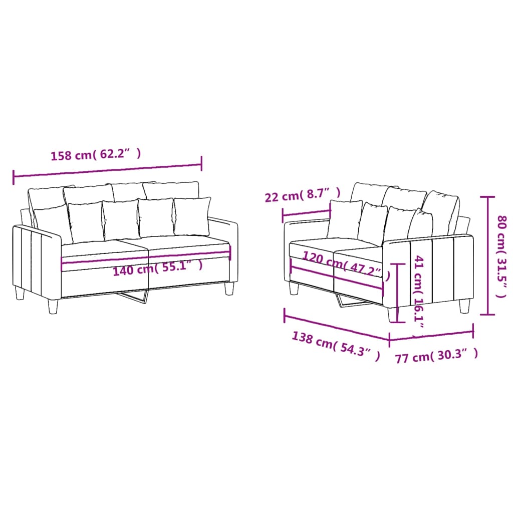 2 Piece Sofa Set with Cushions Black Fabric