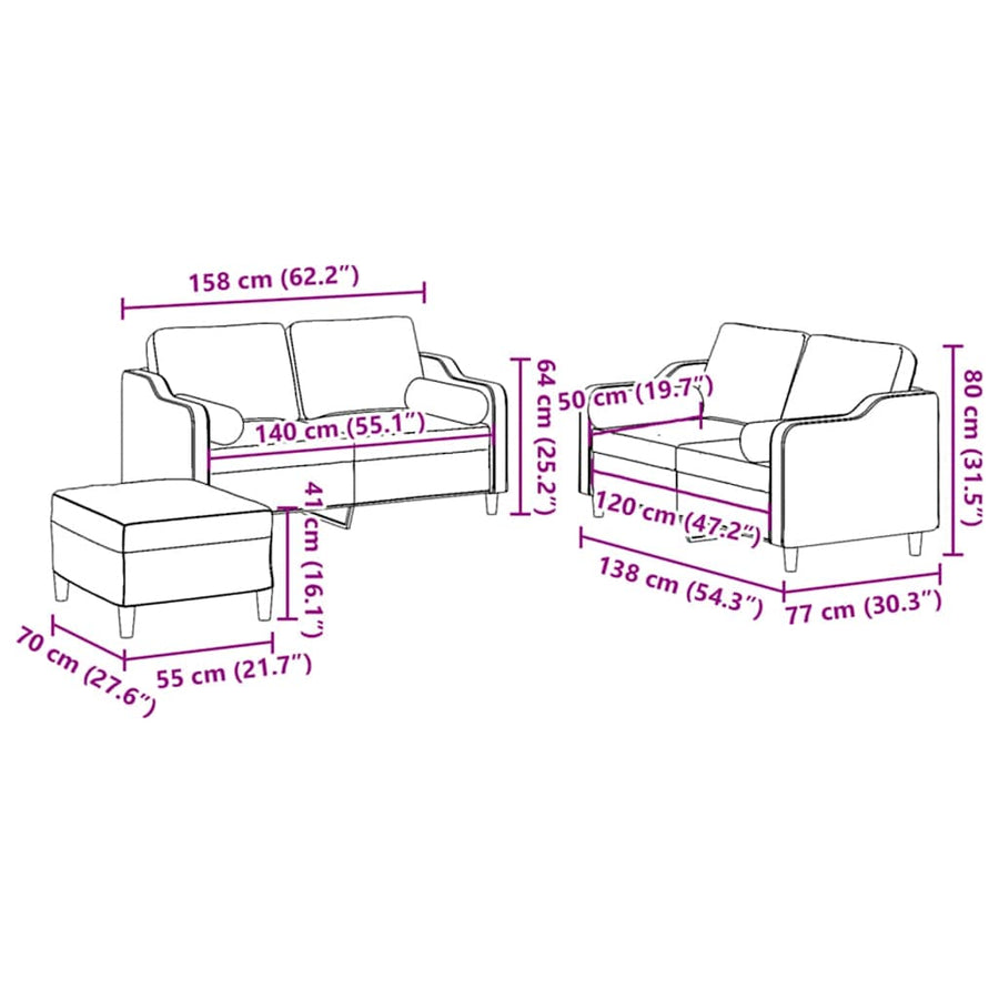 3 Piece Sofa Set with Pillows Black Fabric