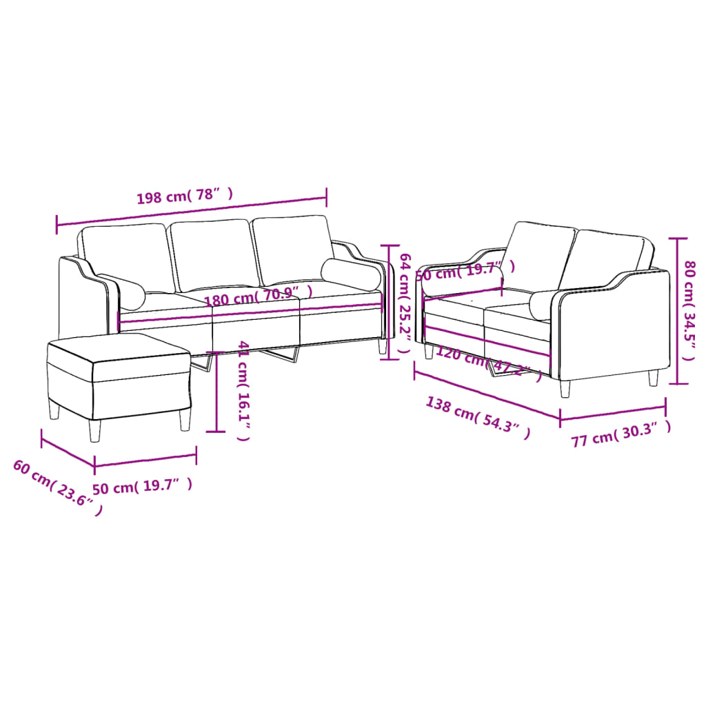 3 Piece Sofa Set with Pillows Black Fabric