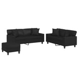 3 Piece Sofa Set with Pillows Black Faux Leather - Front View