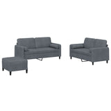 3 Piece Sofa Set with Pillows Dark Grey Velvet - Front View
