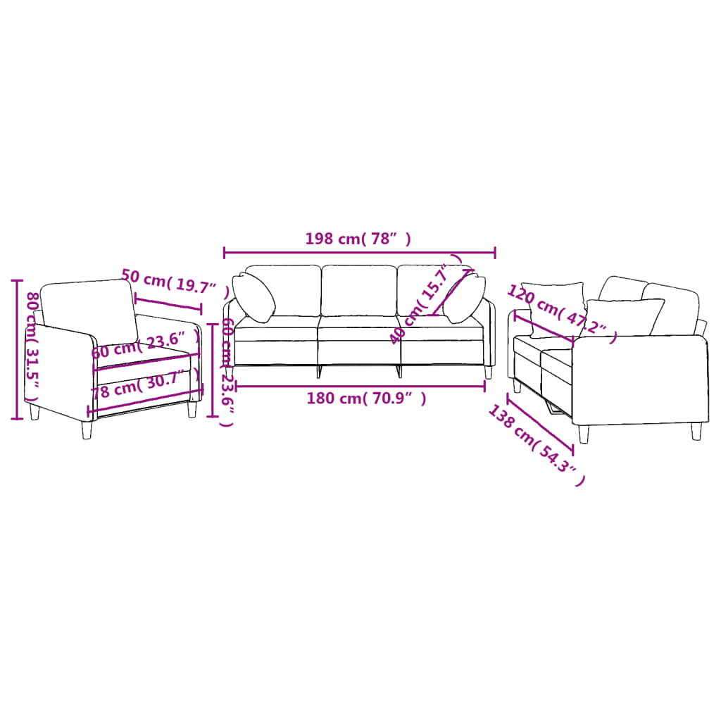 3 Piece Sofa Set with Pillows Light Grey Fabric