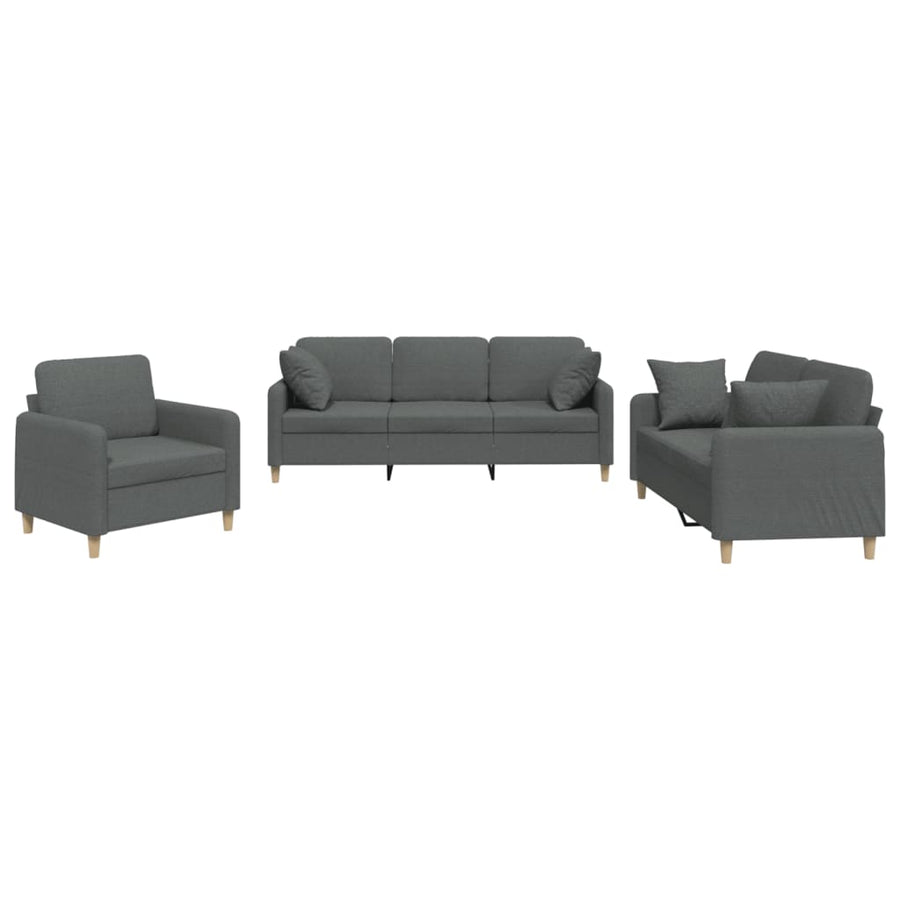 3 Piece Sofa Set with Pillows Dark Grey Fabric