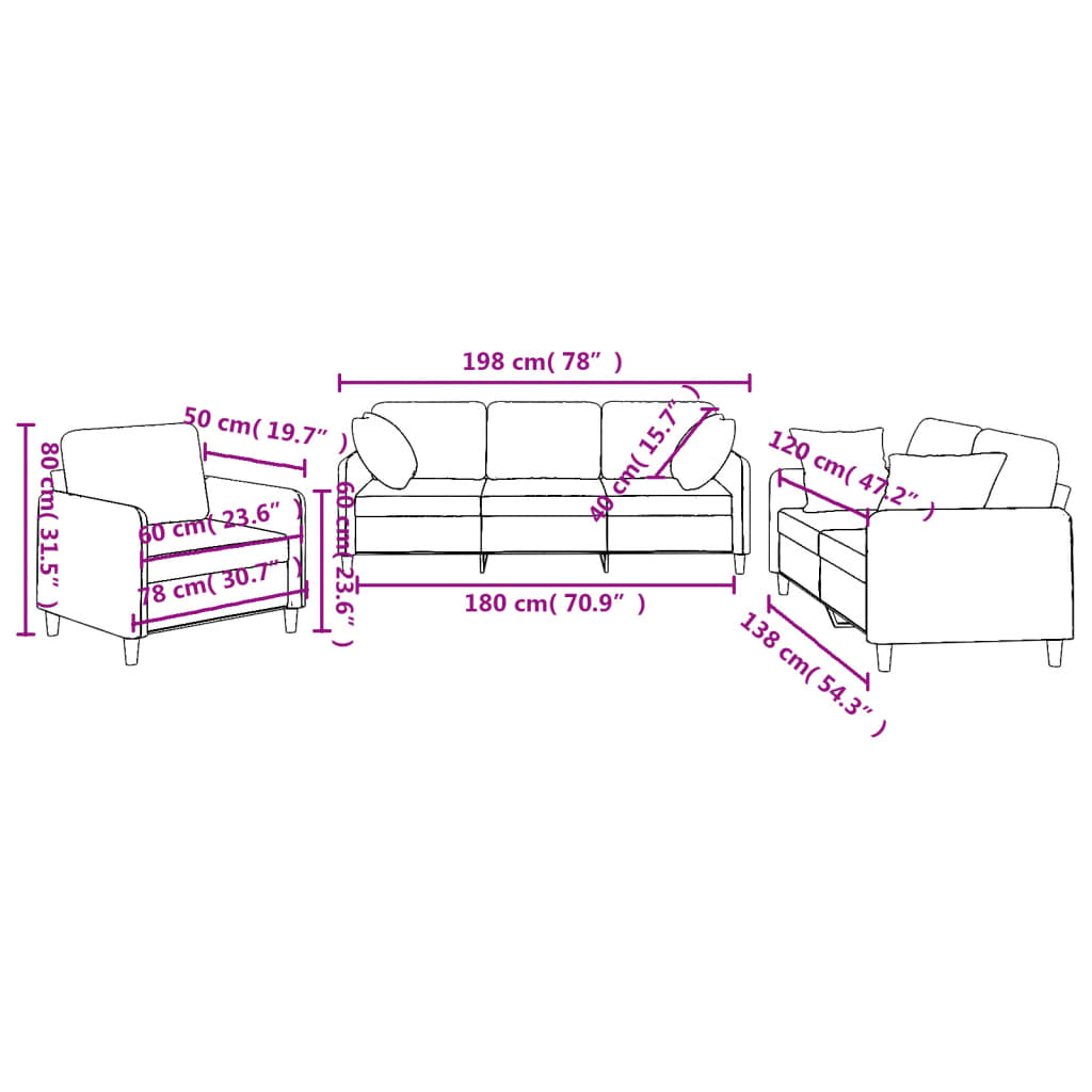 3 Piece Sofa Set with Pillows Black Fabric