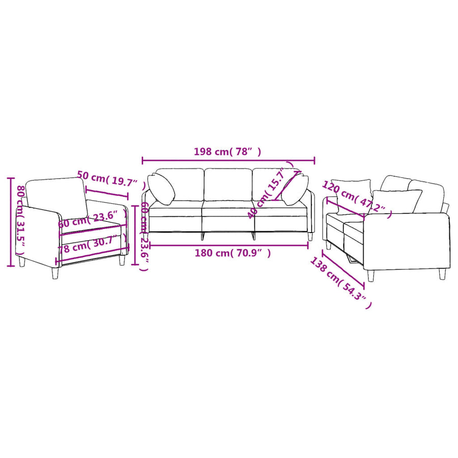 3 Piece Sofa Set with Pillows Black Fabric