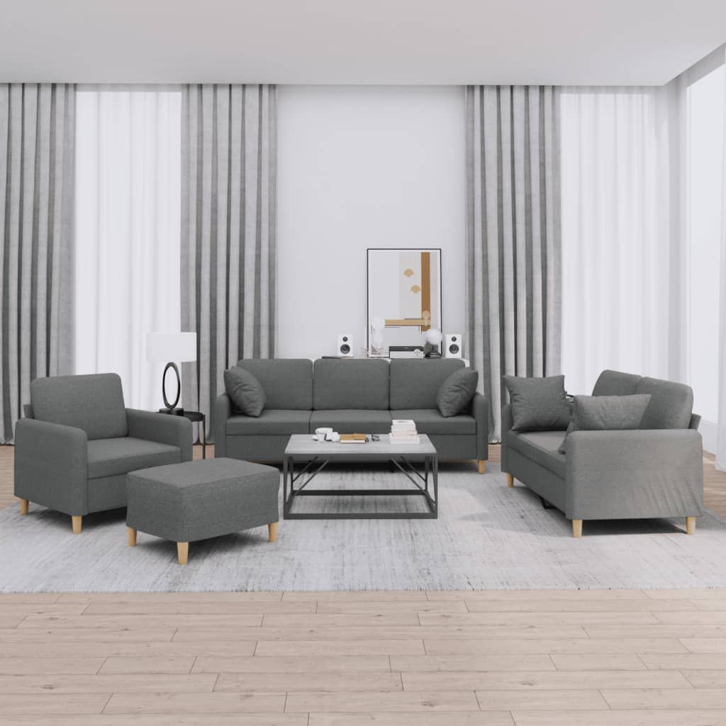 4 Piece Sofa Set with Pillows Dark Grey Fabric