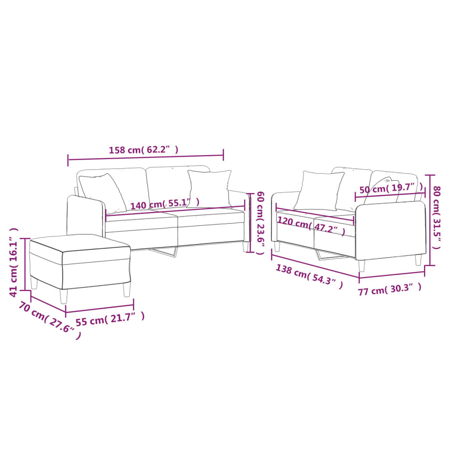 3 Piece Sofa Set with Pillows Light Grey Fabric