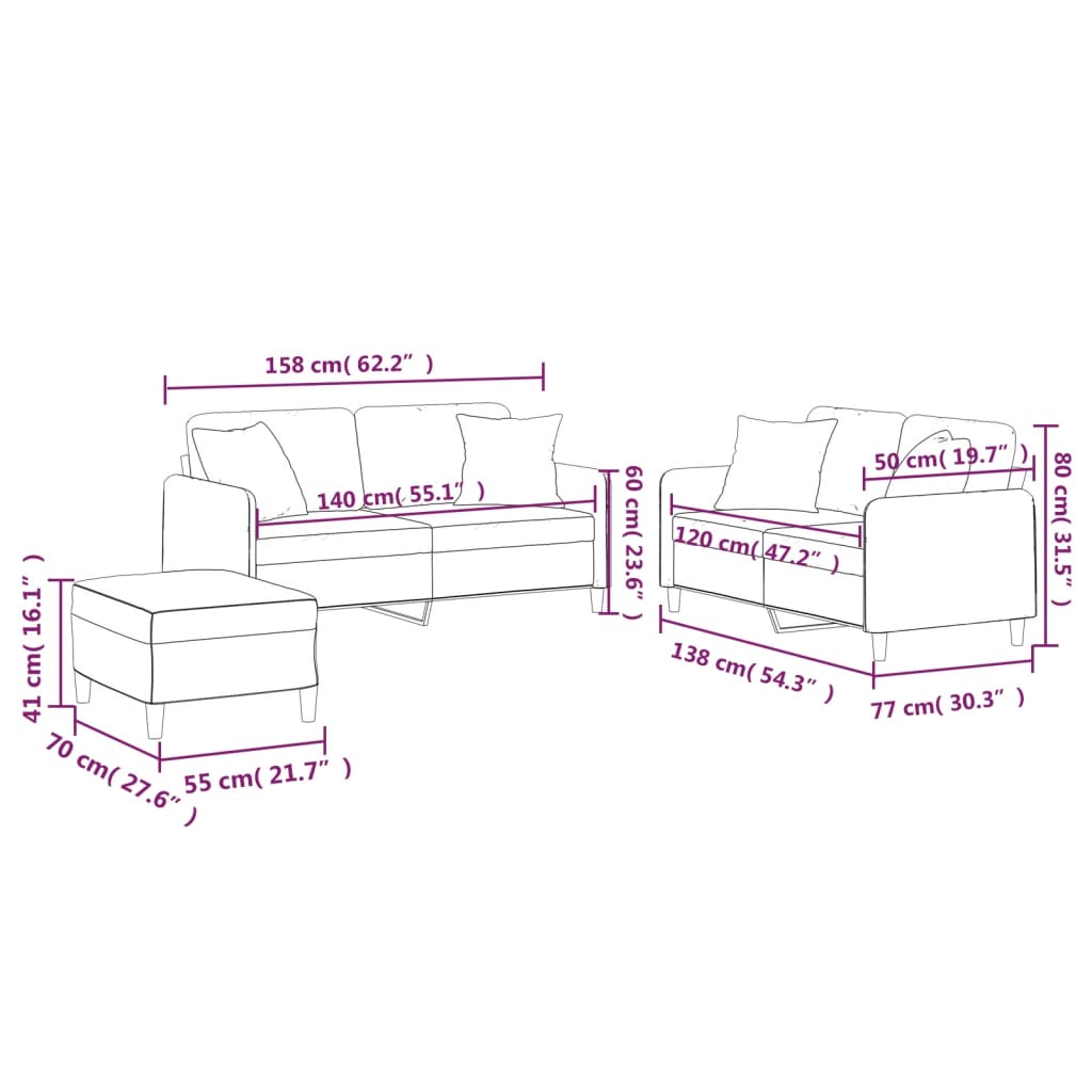 3 Piece Sofa Set with Pillows Dark Grey Fabric