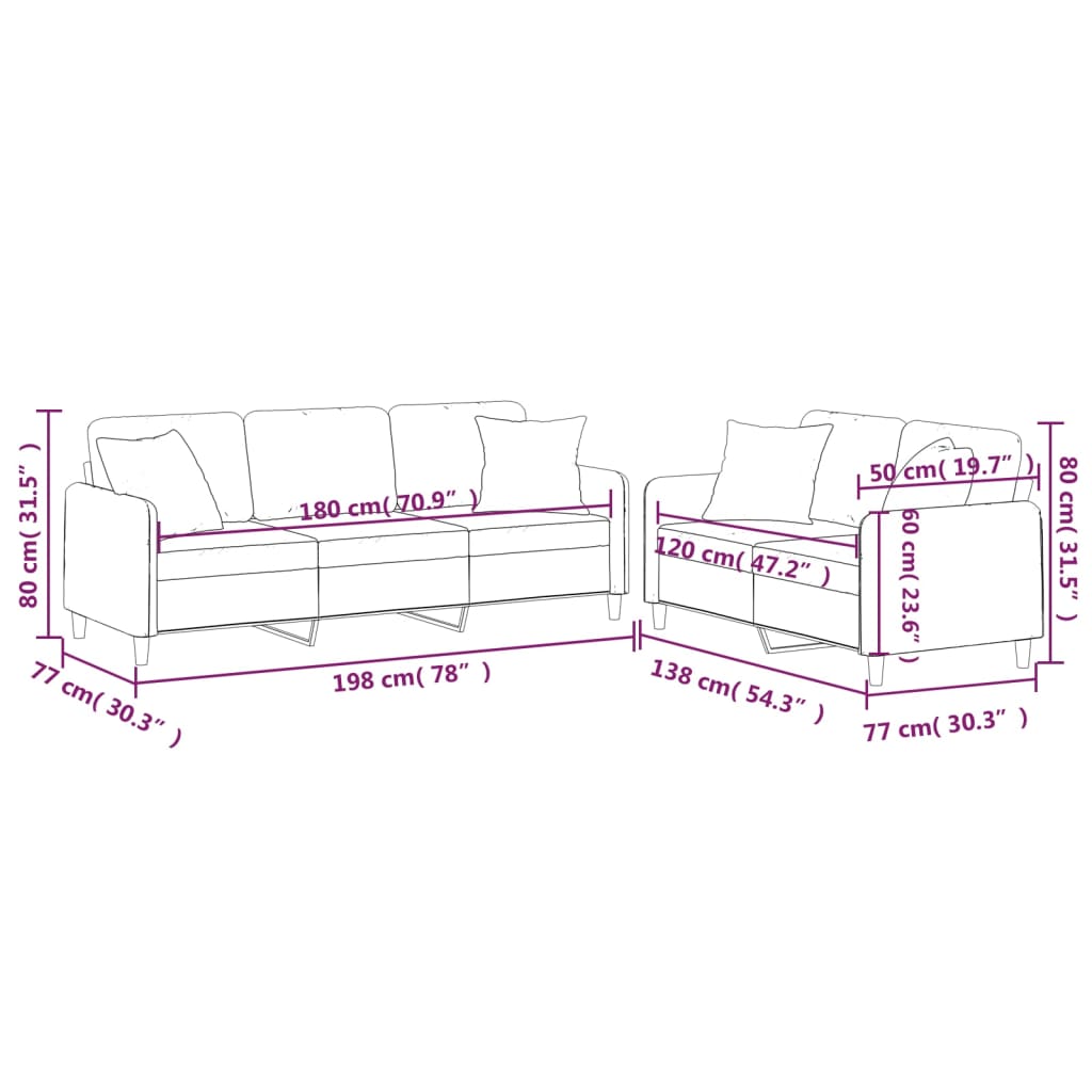 2 Piece Sofa Set with Pillows Black Fabric