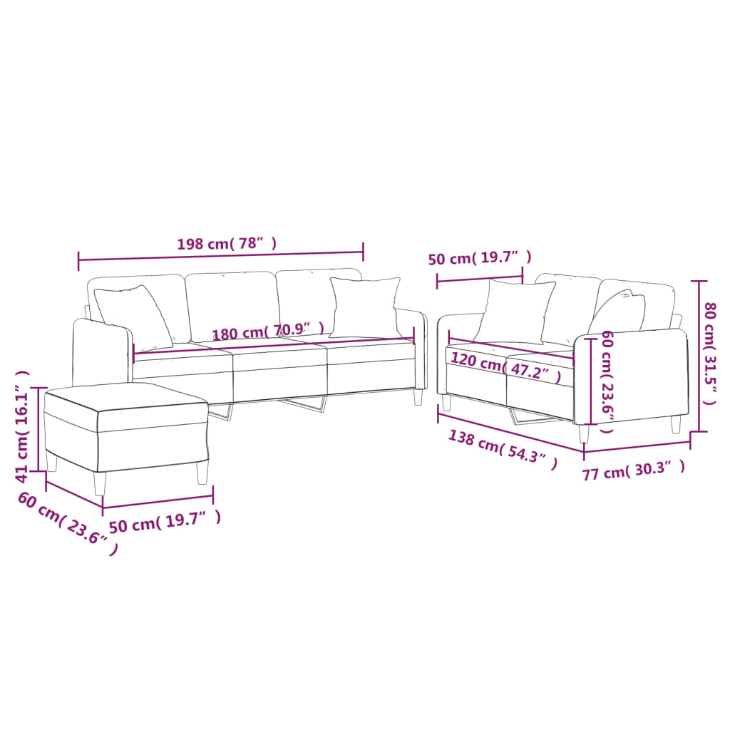 3 Piece Sofa Set with Pillows Light Grey Fabric