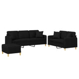3 Piece Sofa Set with Pillows Black Fabric - Front View