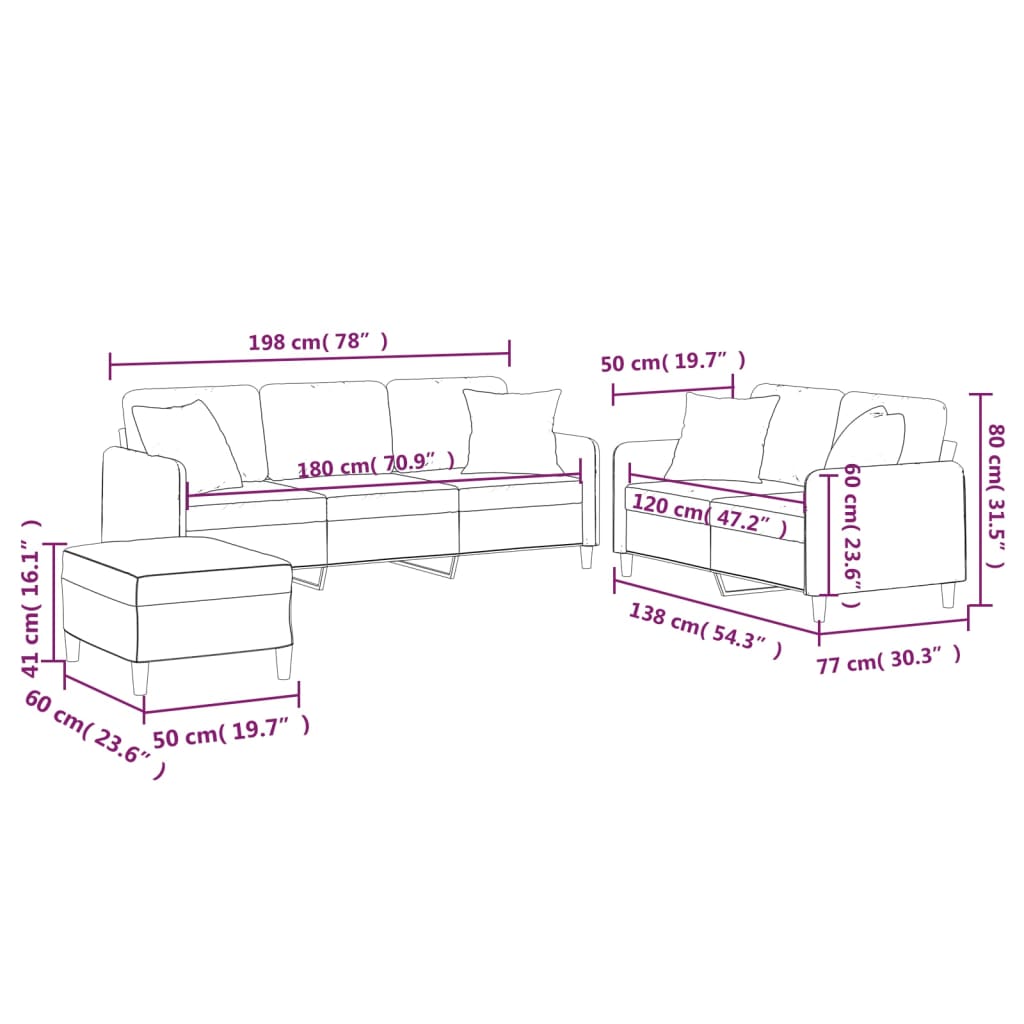 3 Piece Sofa Set with Pillows Black Fabric