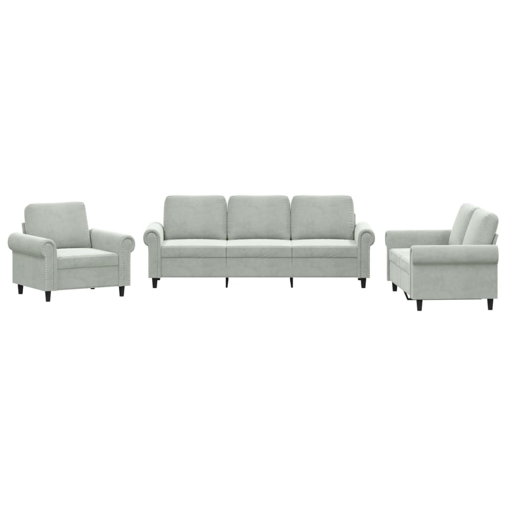 3 Piece Sofa Set with Cushions Light Grey Velvet
