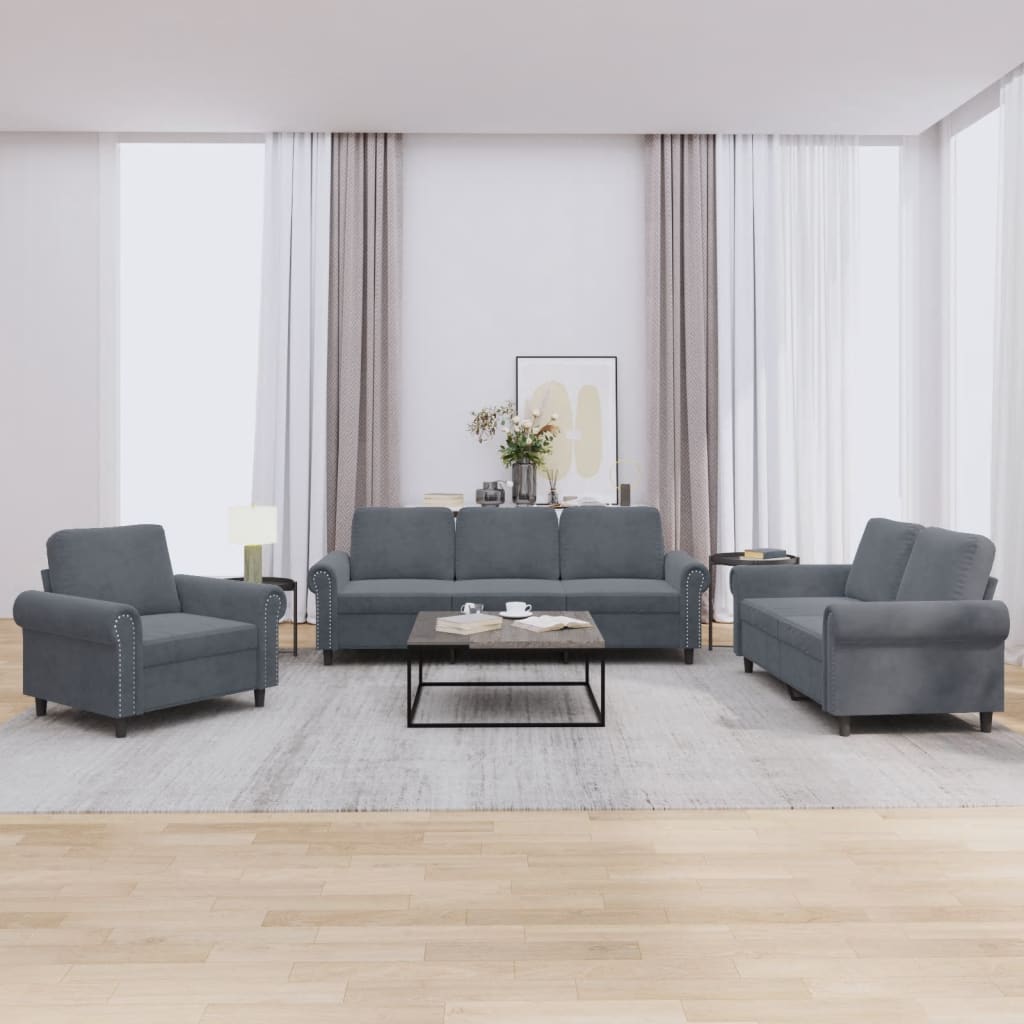 3 Piece Sofa Set with Cushions Dark Grey Velvet