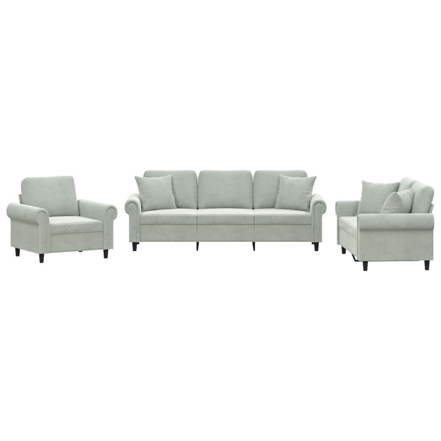 3 Piece Sofa Set with Pillows Light Grey Velvet
