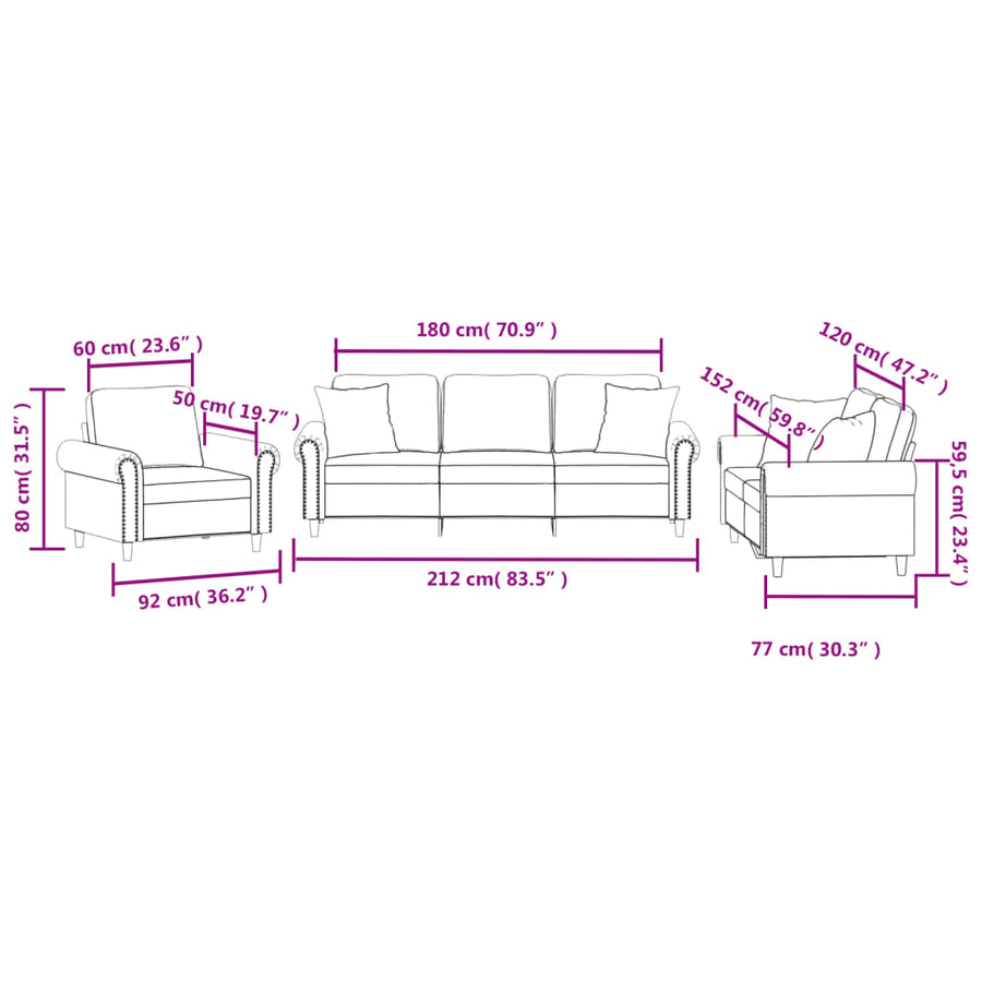 3 Piece Sofa Set with Pillows Black Velvet