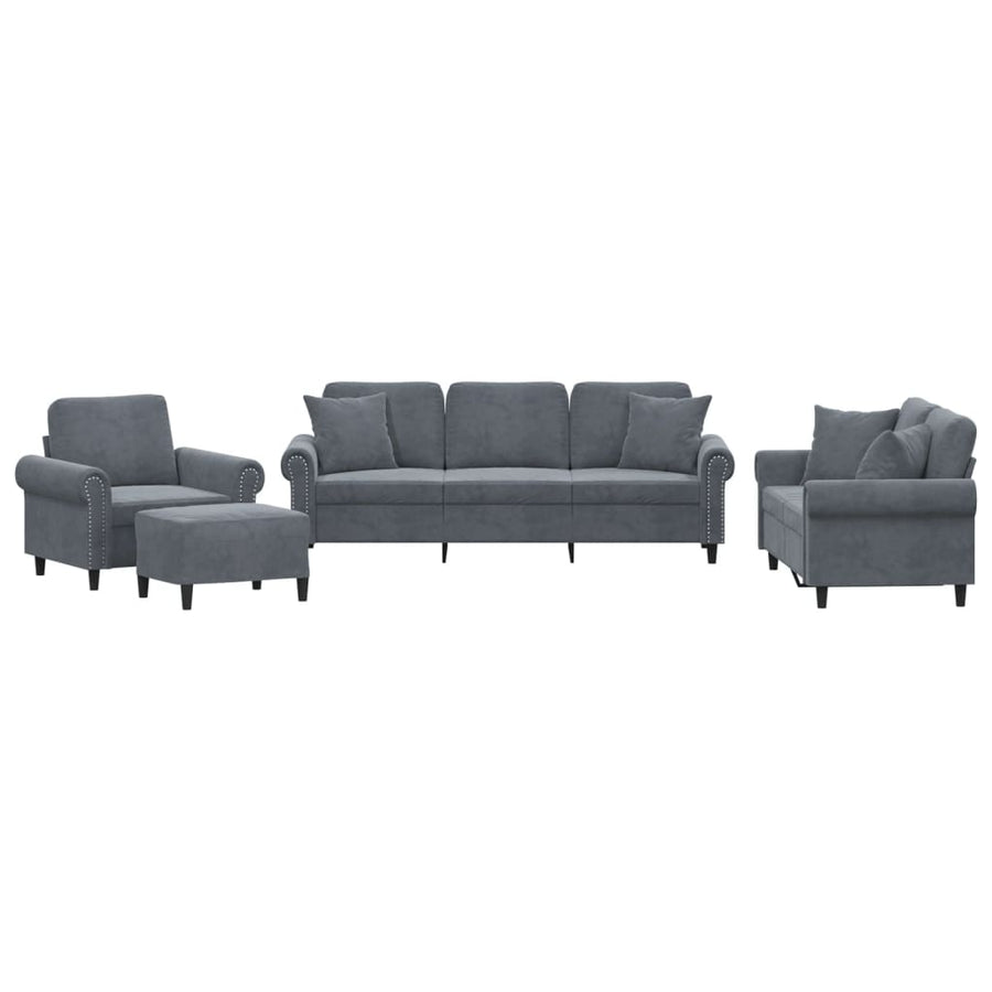 4 Piece Sofa Set with Pillows Dark Grey Velvet