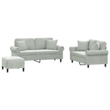 3 Piece Sofa Set with Pillows Light Grey Velvet - Front View