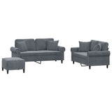 3 Piece Sofa Set with Pillows Dark Grey Velvet - Front View