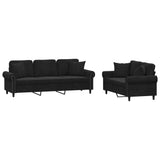 2 Piece Sofa Set with Pillows Black Velvet - Front View